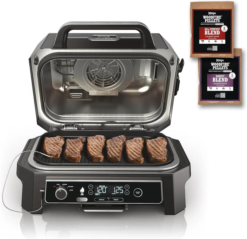 7-in-1 Grill & Smoker with Thermometer, Air Fryer, BBQ, Bake, Roast, Broil - Portable Electric Outdoor Grill, Grey T6443
