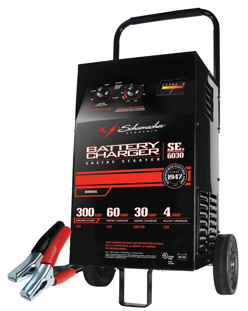 Electric Wheeled Battery Charger and Engine Starter, SC1446, 2-in-1, manual timer control, 300 crank amps, 6 volts, 12 volts, for car, SUV, truck and Marine batteries J8687