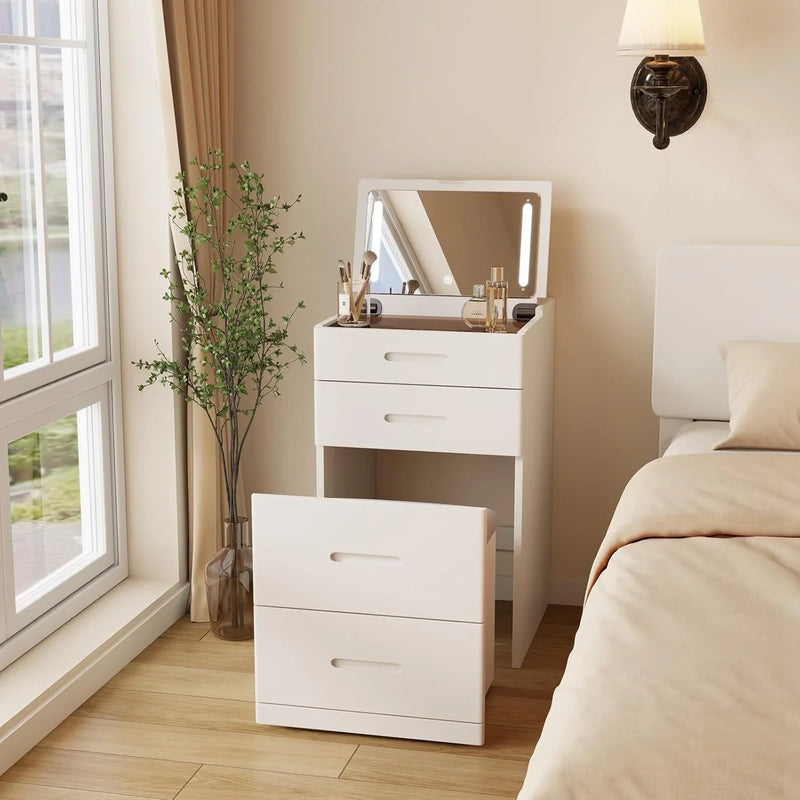 Solid Wood 3 in 1 Vanity Desk with Flip Top Mirror, No Assembly, Compact Vanity with Hidden Chair, Small Makeup Vanity Set with Power Outlet, Dressing Table for Bedroom, White P7283