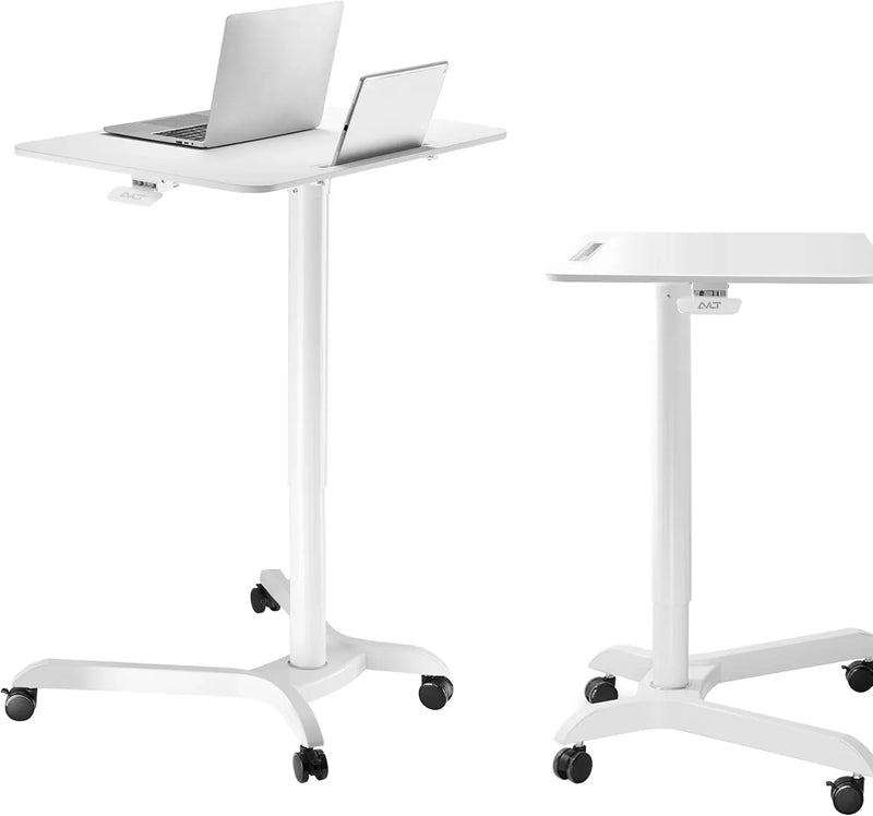 Portable laptop desk cart (3 feet 8 inches) - Mobile rolling desk - Computer projector cart - Adjustable height foldable mobile folding table - White mobile frame with brake wheels T5232
