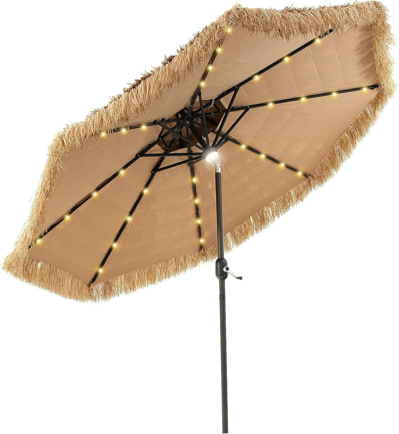 Mud-cloth style ti-ki courtyard shade umbrella - Two-layer Hawaiian lei-style inclined beach shade umbrella, equipped with 33 LED lights, 8 umbrella ribs and a rotatable lifting device, solar-powered lawn-type courtyard shade umbrella, tropical palm X7844