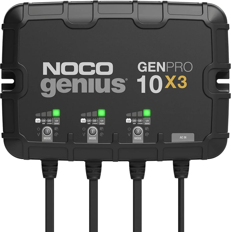 Three sets of batteries, 30-ampere built-in battery charger - Each set consists of 10-ampere, 12-volt waterproof marine charger, featuring overcharge protection and temperature compensation functions - Suitable for lead-acid batteries and H1410