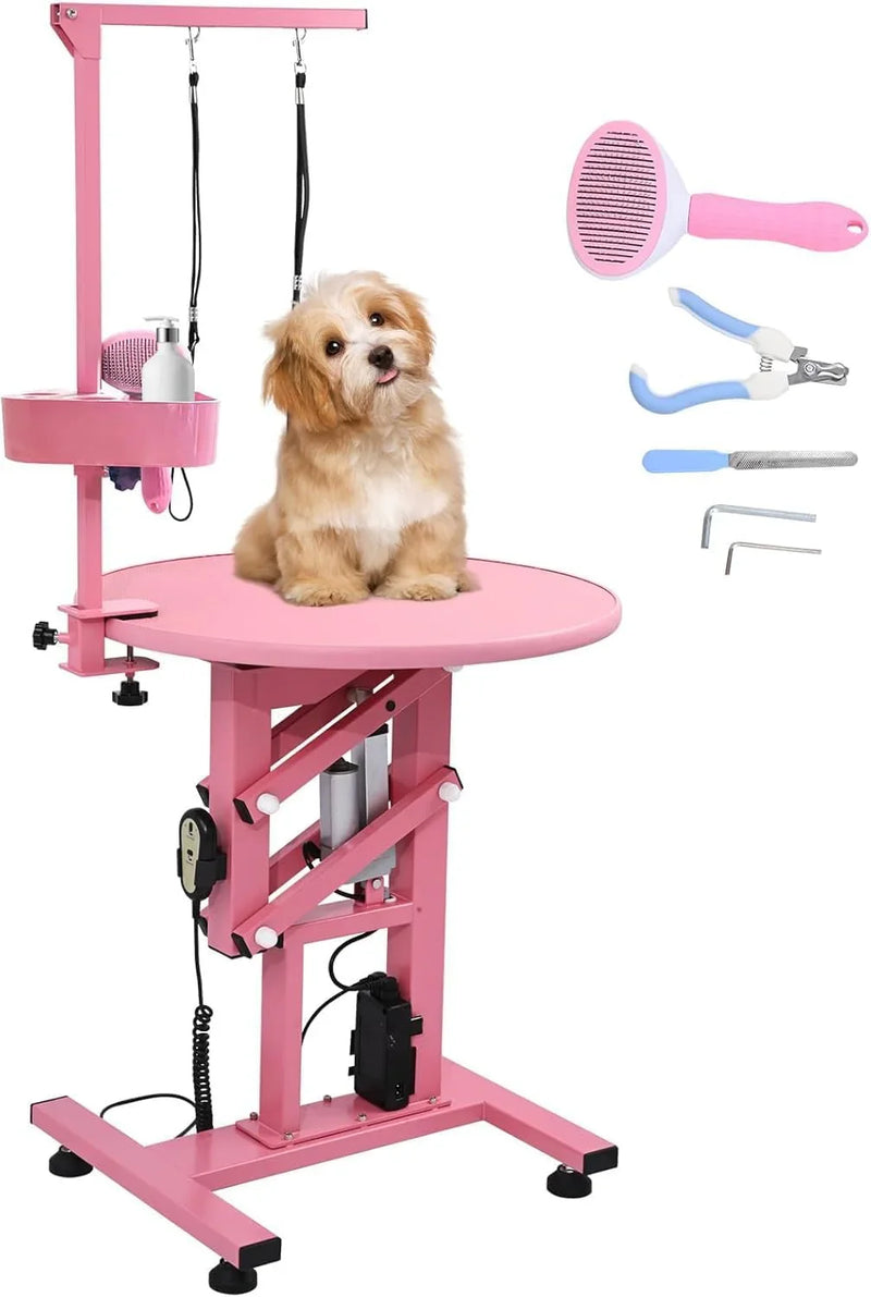 Electric Hydraulic Lift Pet Dog Grooming Table, 24Inch 360° Rotating Grooming Desktop for Small Dogs, with Overhead Arm, Wireless Remote, Tool Organizer, Black D7513