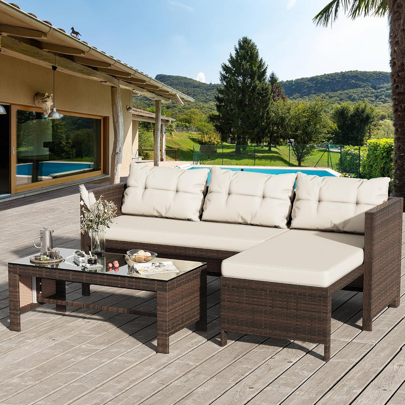 Outdoor Patio Furniture Sets, Wicker Patio sectional Sets 3-Piece, All Weather Wicker Rattan Patio Seating Sofas with Glass Coffee Table and Cushion (Beige) K9137