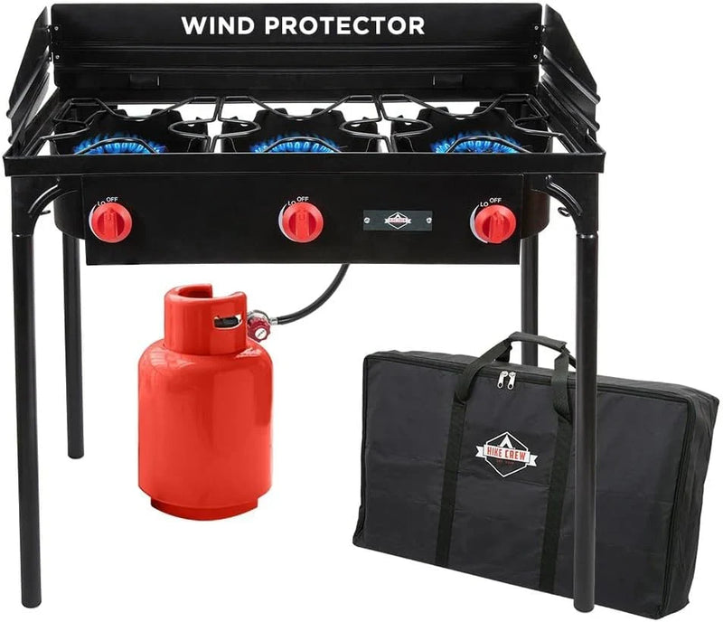 Dual-burner outdoor gas stove | 150,000 British thermal units portable propane stove, with blue flame control, detachable legs, temperature control knob, windproof panel, hose, regulator and storage box A3047