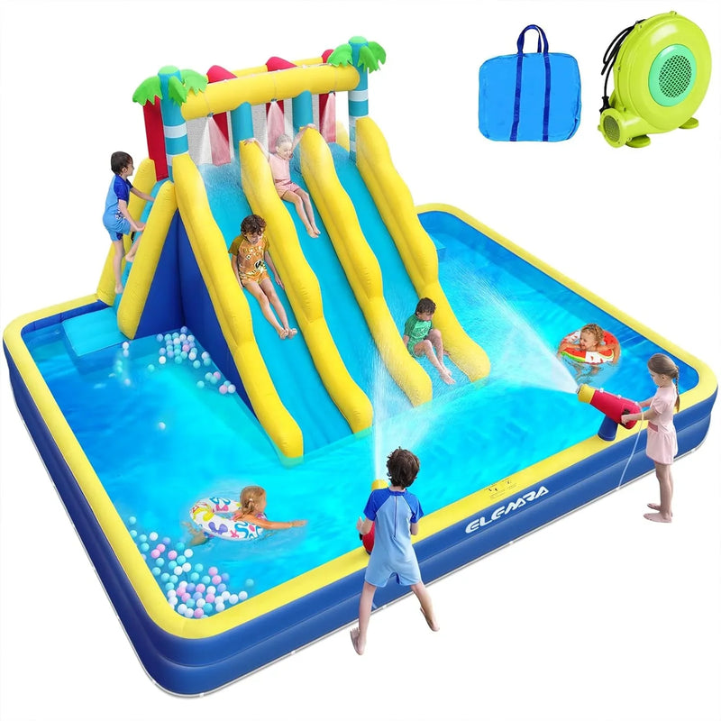 20.66x16.4FT Inflatable Water Slide for Big Kids, Water Park for Kids Backyard with Large Double-Layer Pool,3 Extra-Long Slides,Climbing Wall, 2 Water Cannons, Water Spraying, 750W Air Blower E2578