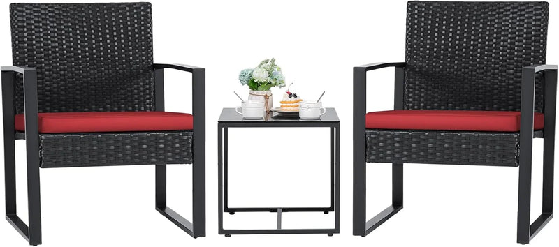 3 Pieces Patio Set Outdoor Wicker Furniture Sets Modern Rattan Chair Conversation Sets with Coffee Table for Yard and Bistro (Black) J8184