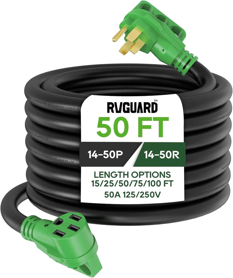 50 Amp 50 Foot RV/EV Extension Cord, NEMA 14-50P/R Heavy Duty Extension Cord with LED Power Indicator and Cord Organizer, Green, ETL Listed E8621