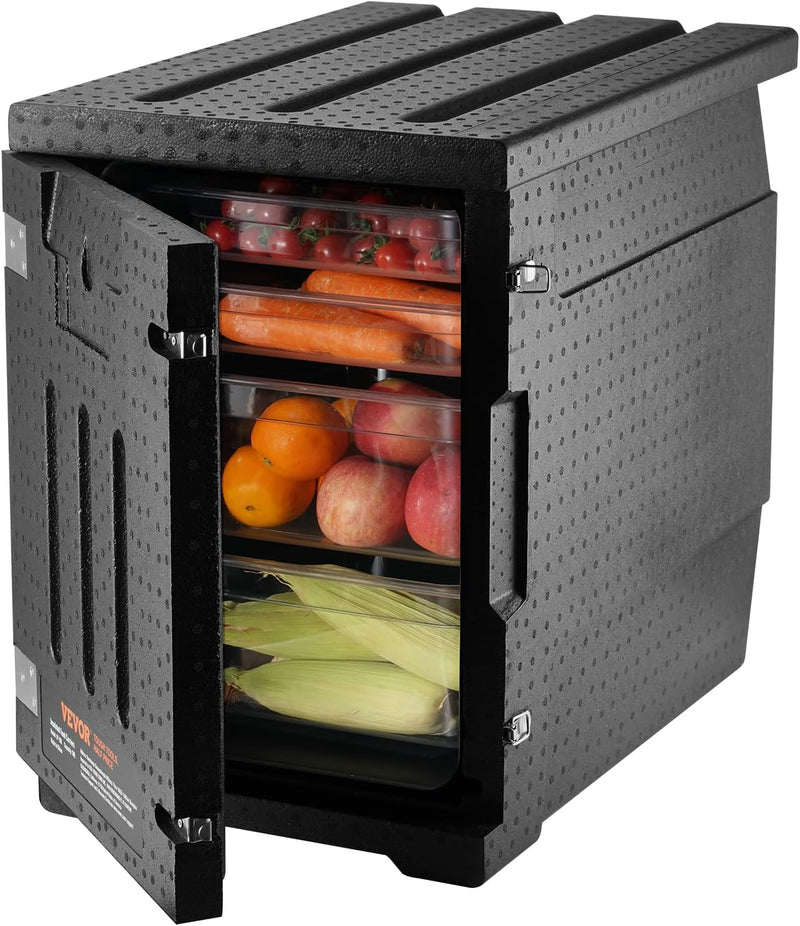 Food tray transportation box, 95-gallon insulated box for the catering industry, LLDPE food tray box with double clasps, front-mounted food heater with handle, suitable for stacking end loaders in restaurants, canteens, etc. black W5737