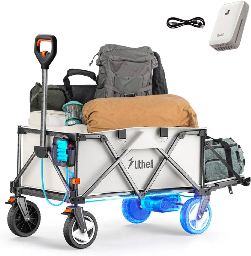 Utility truck, with a capacity of 200 liters and a load capacity of 300 pounds, featuring a foldable heavy-duty design, equipped with all-terrain wheels, featuring variable speed drive and battery power functions, suitable for camping U7789