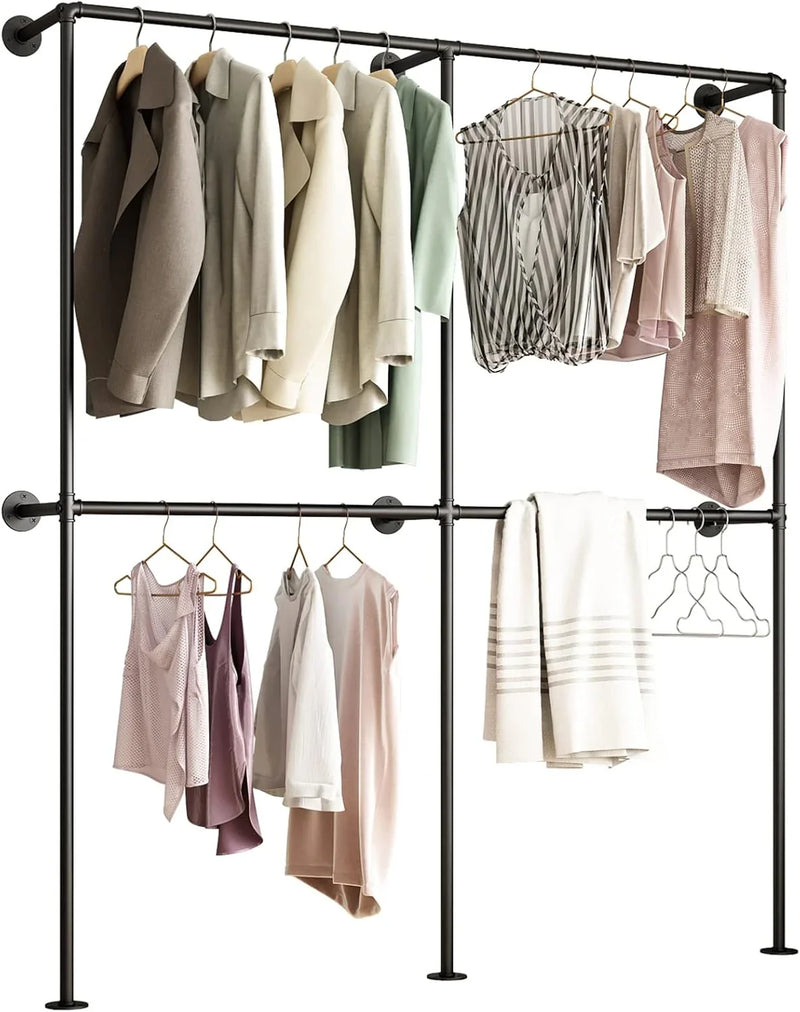 Industrial-style wall-mounted pipe clothes hanger, wall-mounted clothes hanger with double hanging rods, for closet storage (gold) H2274