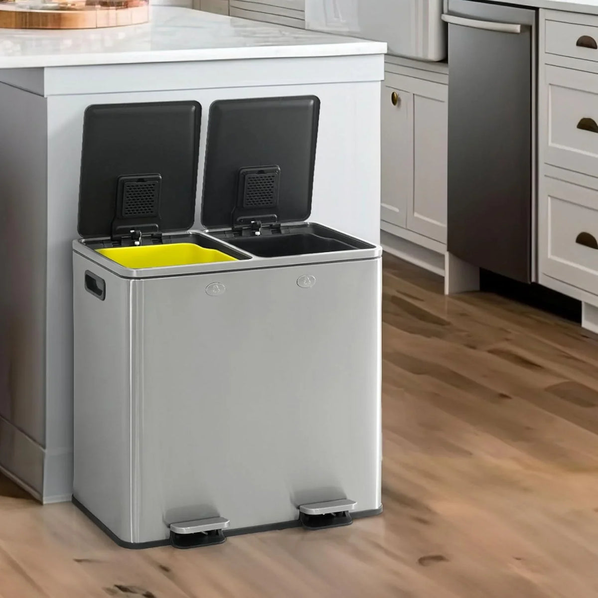 CAPHAUS Dual Trash Can with Double Lid, Trash and Recycle Bins Combo, Hands-free Stainless-Steel Garbage Can for Kitchen, with 2 Compartment, Hinged Lid, Odor Filters, Handles, 25L 25L, 2 x 6.6 Gallon