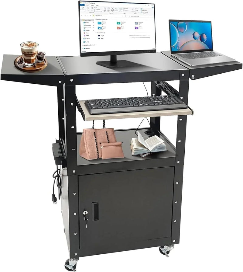 Upgraded AV Cart, Adjustable-Height Steel AV Cart with Locking Cabinet and Pullout Keyboard Tray, Rolling Media Cart with Wheels & Power for Computer Laptop Projector Printer (Black/43"x18"x43") S6514