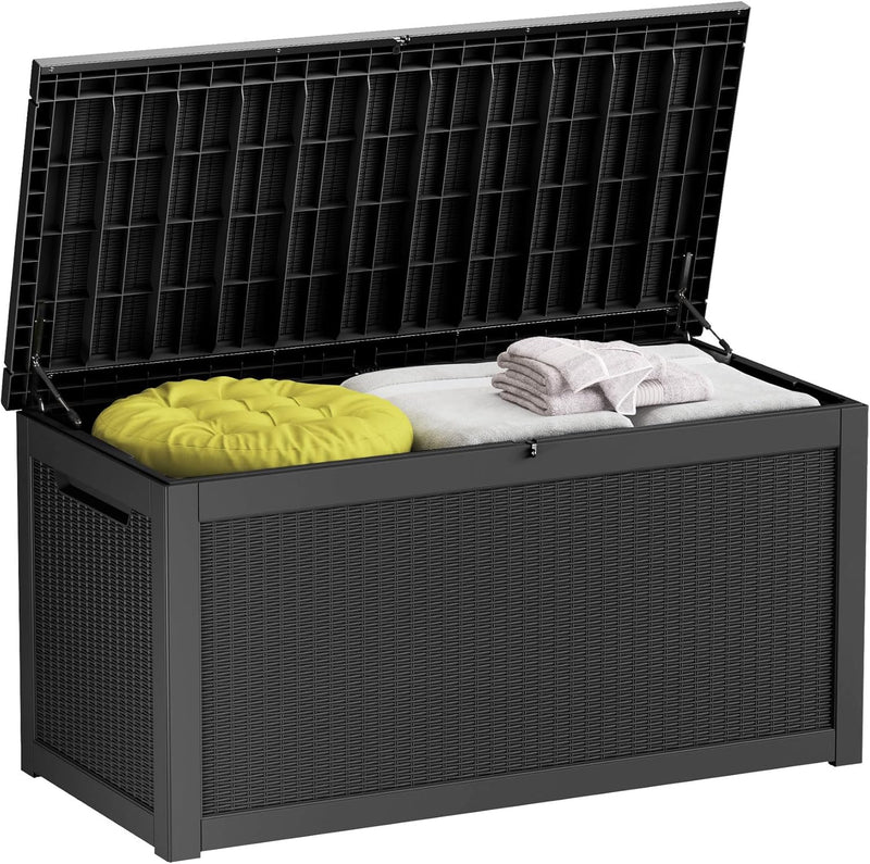 260-gallon large outdoor storage XL outdoor box, suitable for garden furniture, outdoor cushions, garden tools, sports equipment and pool supplies. Made of waterproof resin material, lockable, in gray color scheme. H8629