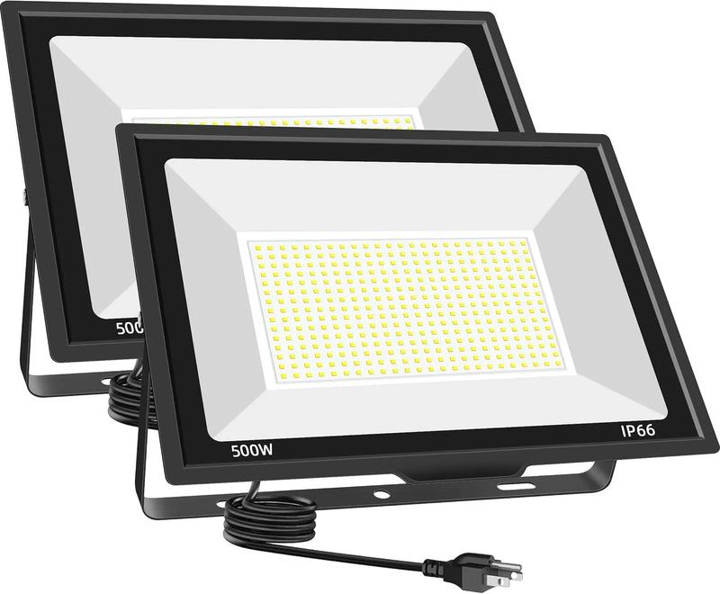 500W LED Flood Light Outdoor 2 Pack, 2000W Equivalent FloodLight with Plug, Super Bright 55000LM 5000K Daylight White IP66 Waterproof Commercial Lighting for Sports Fields,Courts,Arena,Stadium B1863