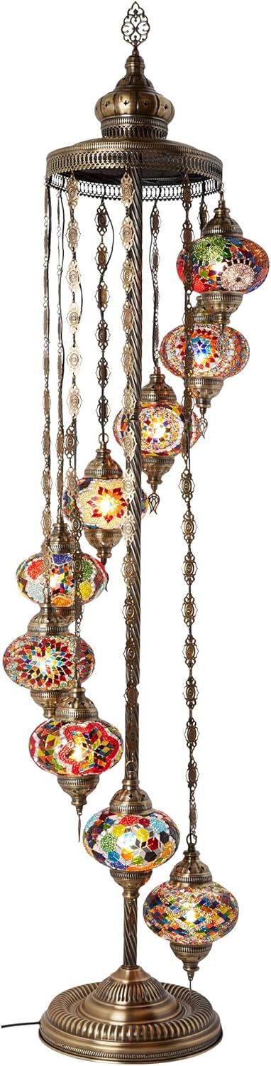 Turkish Moroccan mosaic floor lamp, with 9 lampshades and 6 feet in height - a Tafini-style standing decorative Bohemian-style lamp, equipped with colored lampshades, suitable for bedrooms, living rooms, and entrances - handmade in Turkey, available W6084