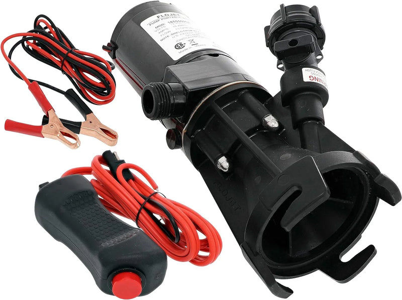 18555-000A - 12V DC waste pump, suitable for camper vans / motorhomes - Can empty a 40-gallon water tank in 5 minutes - Output flow rate 9 gallons per minute - 3/4 inch garden hose interface - Stainless steel grinder, self-priming, remote switch B0611