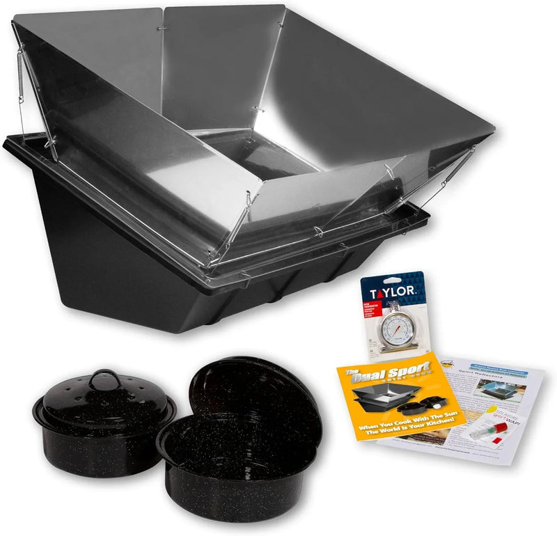 Dual Sport Solar Oven, Black, Portable Outdoor Cooking System with Reflectors, 27x17x12 Inch, 6.8 Qt Capacity, Includes 2 Pots, Thermometer, Wapi, Cookbook, and Instruction Manual V5684