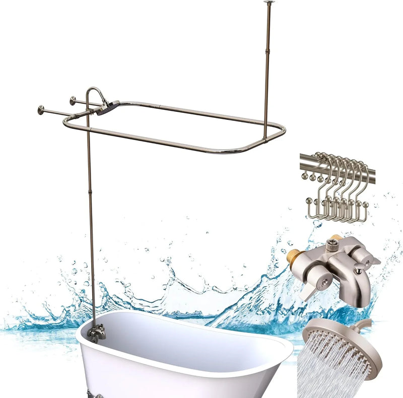 Clawfoot Tub Shower Kit, Add On Shower Units With Bathcock Diverter Faucet and 48" X 27“ Rectangular Claw foot Tub Shower Curtain Rod Kit,Claw foot Tub Shower Faucet Set,Brushed Nickel O9727