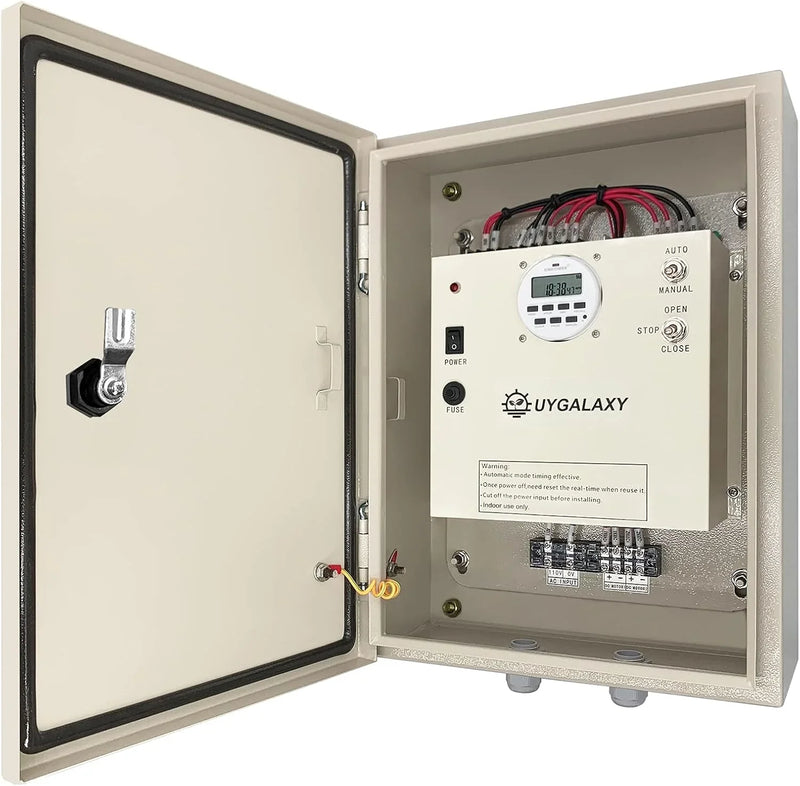Electrically controlled timer for greenhouse roller shutters (for ventilation) uses an AC 110V to DC 24V transformer for timing control, enabling the opening or closing of the side top curtains of the greenhouse薄膜. S4382