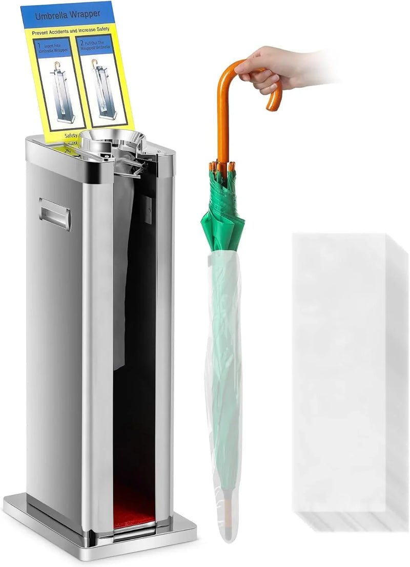 Automatic wet umbrella packaging machine, stainless steel single-slot umbrella bag distributor bracket, equipped with 1000 long umbrella bags and warning signs, suitable for commercial shopping centers, hotels, in silver color. Q9339