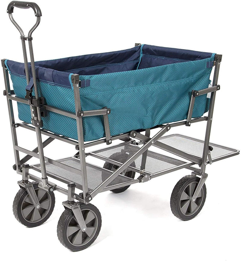A foldable double-layer outdoor multi-functional truck, equipped with a long lower shelf, in blue-green color. T1378