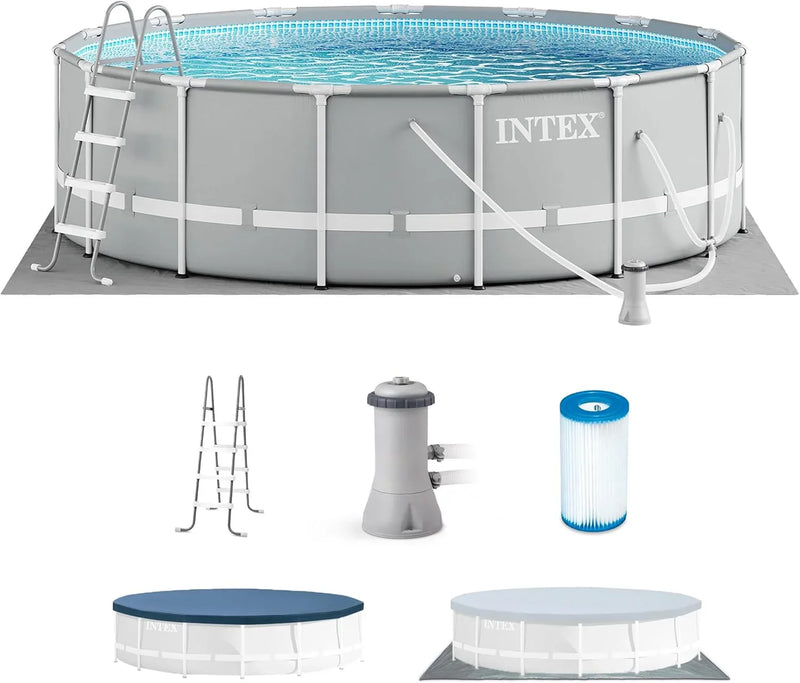 Above Ground Swimming Pool w/ Pump, Cover, & Ladder, 18' x 48", Prism Frame, Gray - Outdoor Round Family Pool w/ Filter, 42-Inch Deep Water H6418