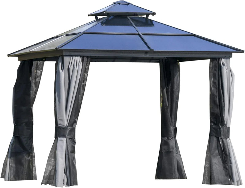 10 feet x 12 feet hard-top awning canopy, polycarbonate roof, aluminum frame, permanent outdoor awning, with net cover, suitable for patios, gardens, backyards, terraces, lawns, grasslands, light gray. O4231