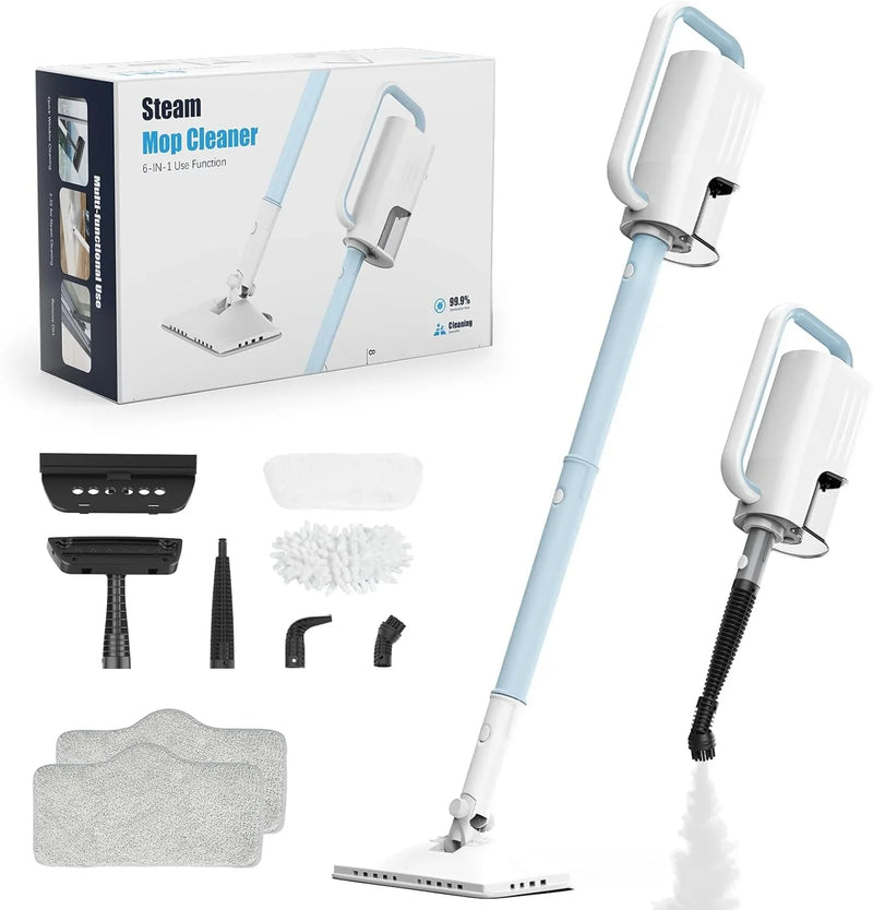Steam Cleaner, 6 in1 Rotated Steam Mop Cleaner with 2 Modes, 2 Microfiber Pads, 400ML Removable Tank, 23FT Power Cable, Detachable Steam Mops for Floor, Laminate Floor, Tiles Cleaning (Light Blue) T5359