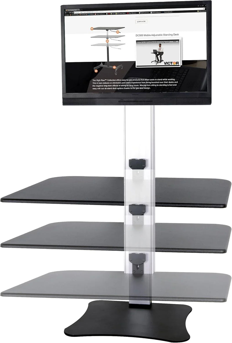 High-position electric triple monitor adjustable desk | Sit-stand dual-purpose work desk for three screens | 28-inch wide work surface | Compatible with any standard desktop | Adjustable monitor stand V0976