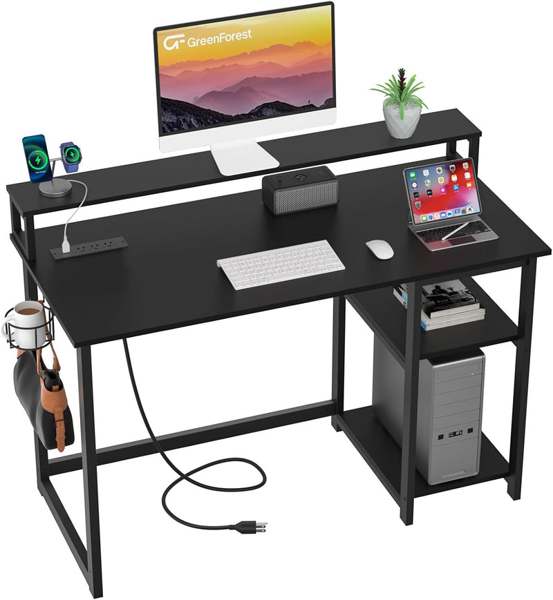 47 inch Computer Desk with Power Outlets, Small Home Office Desk with Ergonomic Monitor Stand, Reversible Gaming Desk, Modern Study Desk, Laptop Desk, White F4081