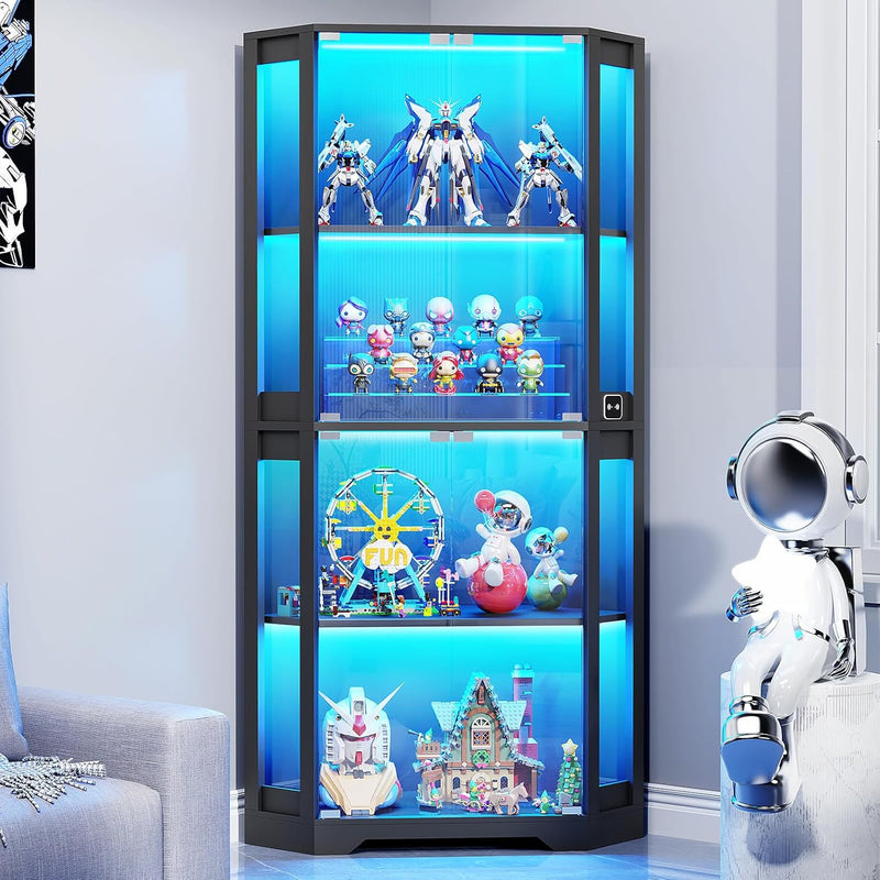 Corner Display Cabinet with Glass Doors, 65" Lighted Curio Cabinet with 3 Color Lights for Collectibles, 4-Tier Display Case Bookcase with Human Body Sensor for Toys, Books, Trophy, Black T1370