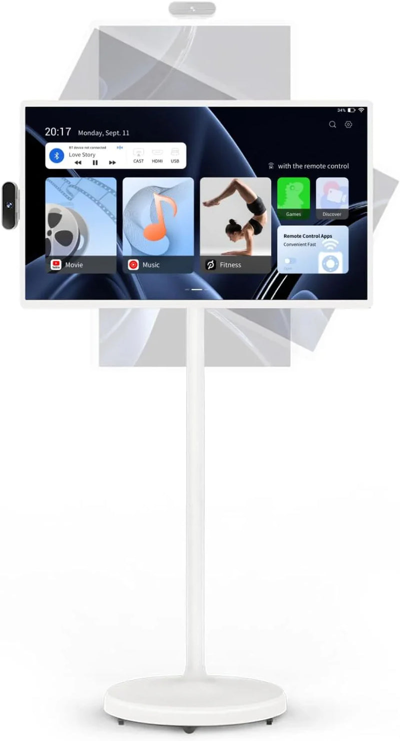 32-Inch Portable TV, 1080P FHD Rolling TV on Wheels with Rotatable Touch Screen, Android 13 OS, 8G RAM 128G Storage, Built-in Battery, Full Swivel Rotation, Voice Remote V7774