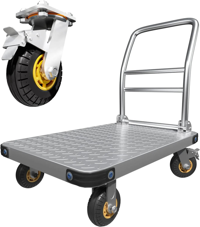 Heavy Duty Platform Truck Flat Moving Cart Hand Trucks,2000Lbs Steel Push Cart Dolly with Brake Design, 36 x 24in Large Flatbed with 5'' 360 Degree Swivel Wheels for Easy Storage J8025