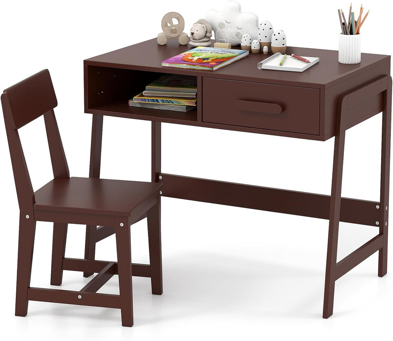 Kids Desk and Chair Set, Wooden Children School Study Table and Chair w/Storage Drawer & Hutch, Student Writing Desk Computer Workstation for Bedroom, Gift for 3 Years Old (White) O1456