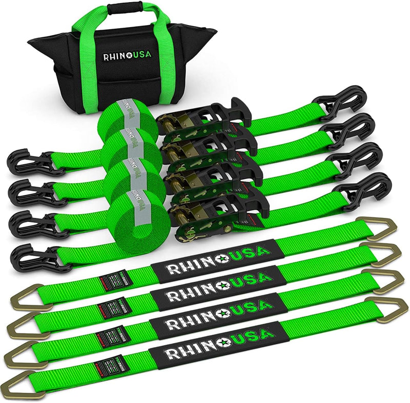 Car Tie Down Straps for Trailers with J Hooks (4-Pack) - 2 Inch x 8 Feet (10,000lb Break Strength) - Heavy Duty T-Handle Car Hauler Tire Straps for Trailer & UTV with Axle Straps - Black T3331