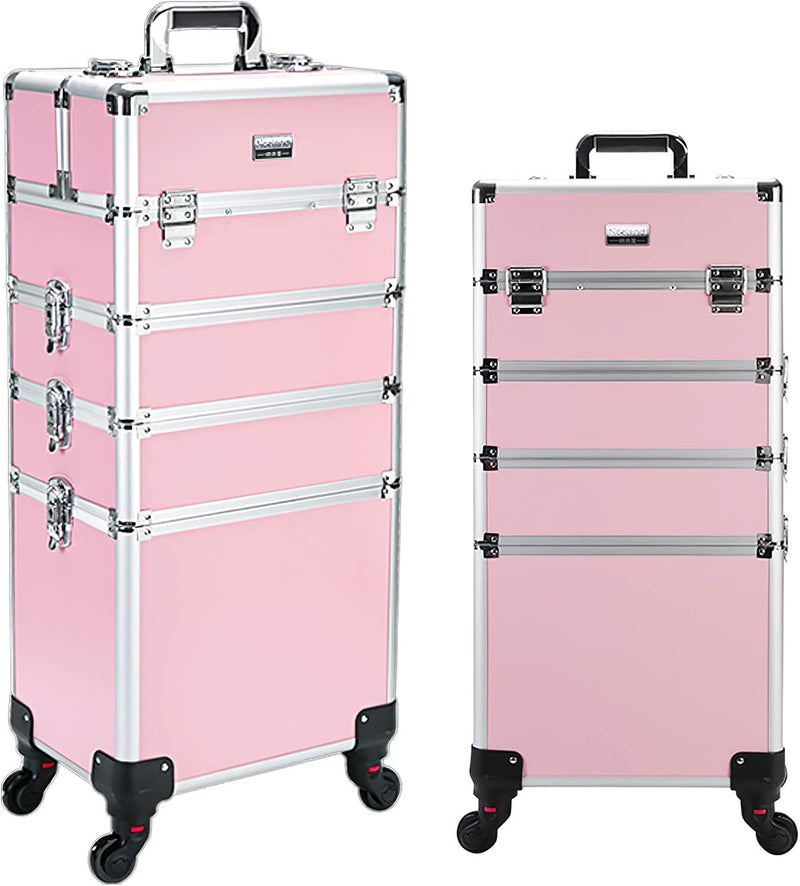 4 in 1 Professional Rolling Aluminum Cosmetic Makeup Train Organizer Storage Case Artist Train Case Salon Beauty Cosmetic Jewelry Organizer Trolley with 4 Wheels (All Black) G9813