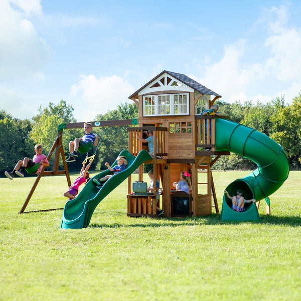 Kids' Bristol Point Cedar Wood Swing Set with Swing Beam, Upper & Lower Fort, Rock Wall & Slide Play for up to 11 Kids S0492