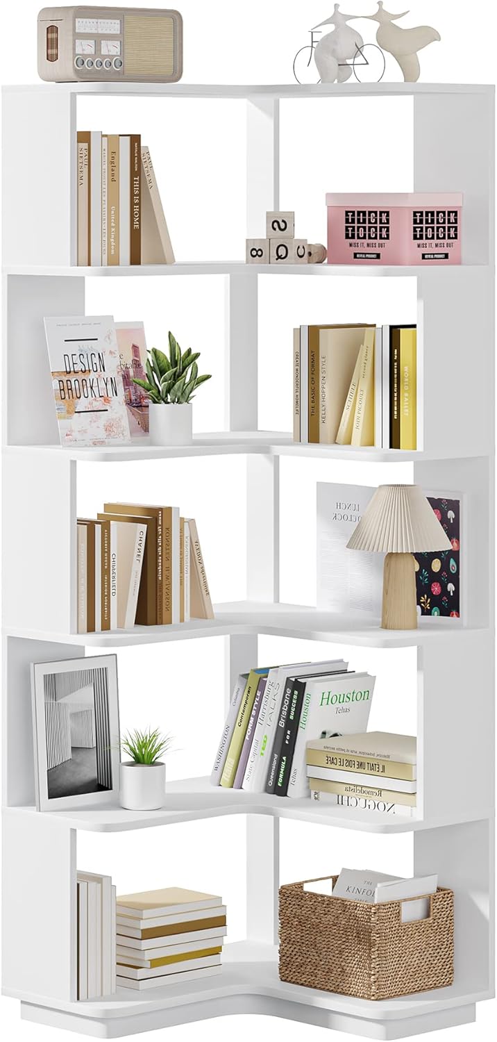 Tribesigns 6-Tier Corner Bookshelf, 64.9 Inch Tall Bookcase with Anti-Drop Panel, Modern Freestanding Corner Shelf Display Rack Storage Organizer for Home Office, Living Room, WhiteTribesigns 6-Tier Corner Bookshelf, 64.9 Inch Tall K9619
