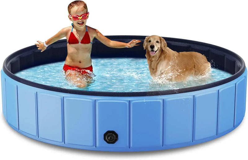 Foldable Dog Swimming Pool, 120"x20" Oversize Collapsable Hard Plastic Potable Bathing Tub for Pet Dog Kiddie Pool Indoor and Outdoor Leakproof PVC Play Pool for Large Dogs Pets Puppy Kids Blue B4336