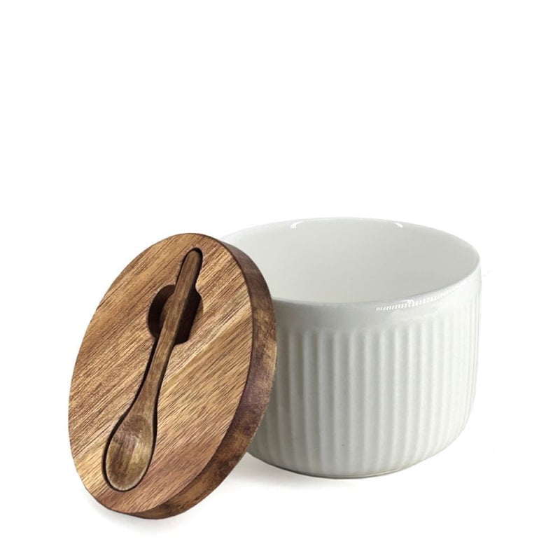 Porcelain Salt/Herb Keeper with Spoon & Acacia Lid, Dishwasher Safe M1289