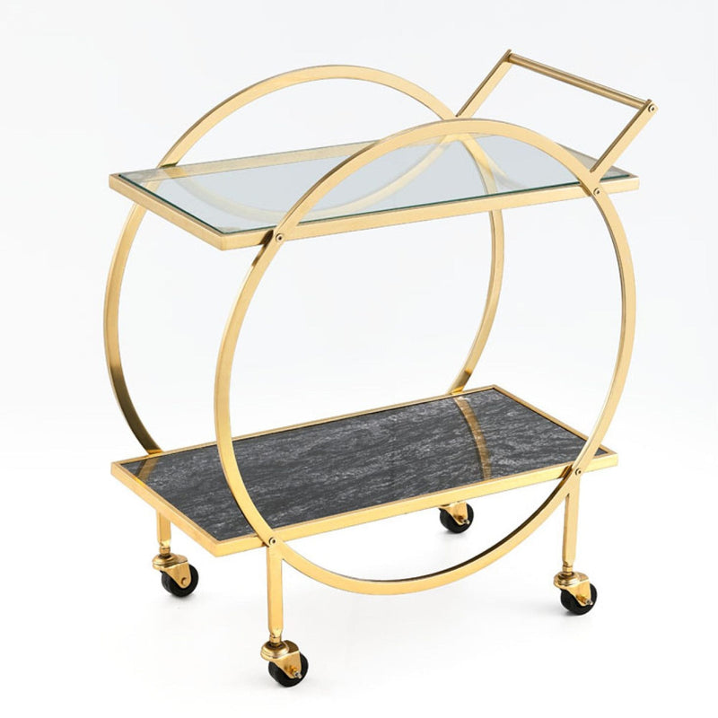 Zara 2-Tier Circular Rolling Bar Storage Cart with Mirrored Top, Gold U1362