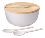 Bamboo Salad Bowl Set with Lid & Servers, White