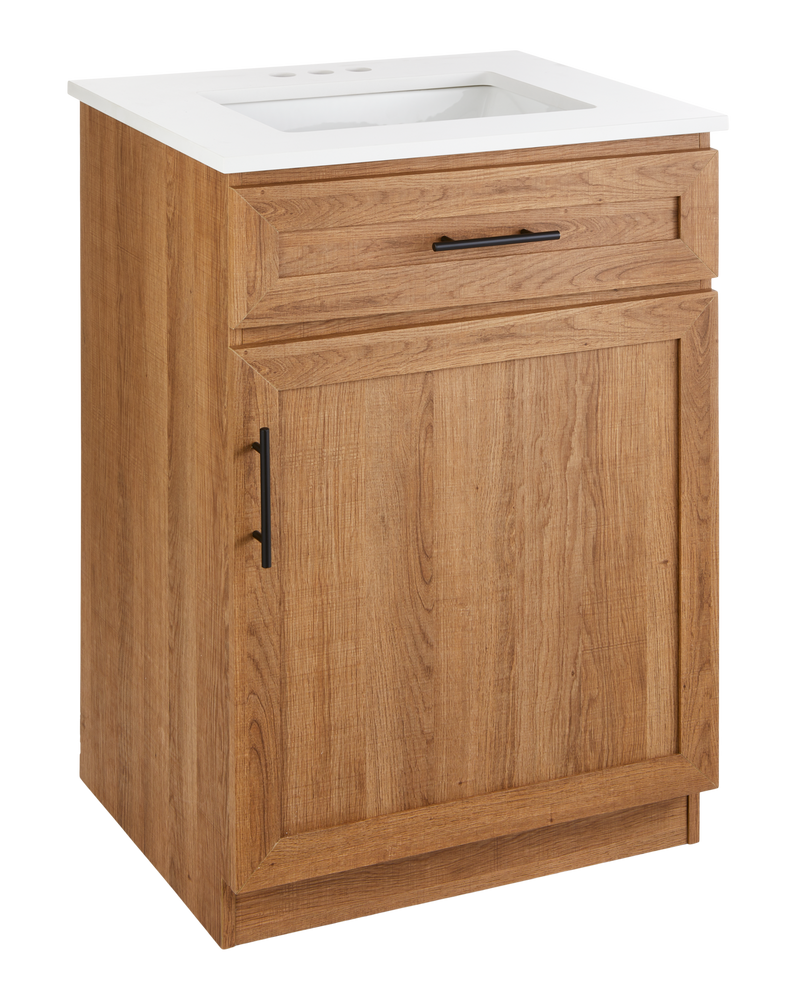 Danville Single Door Single Sink Stone Top Bathroom Vanity, Honey Oak, 24-in M0827