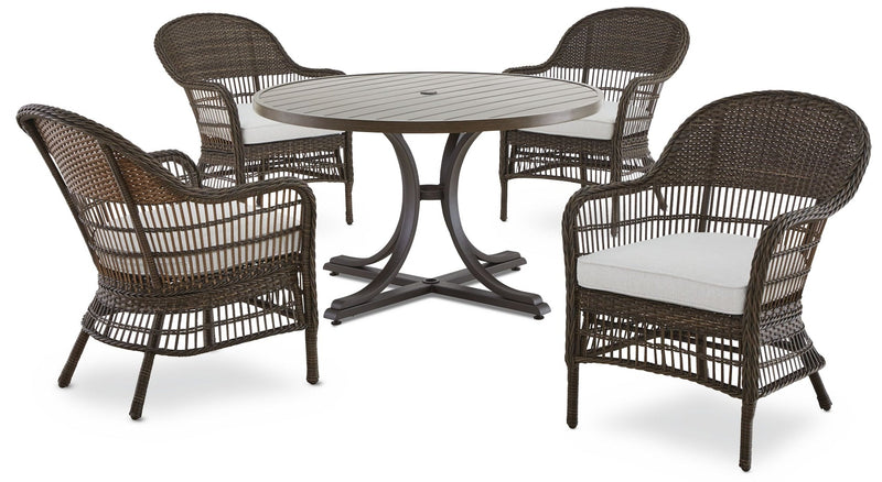 Lorette Outdoor Patio Round Dining Set with Wicker Chairs and Built-in Umbrella Pedestal, Brown, 5-pc G9384
