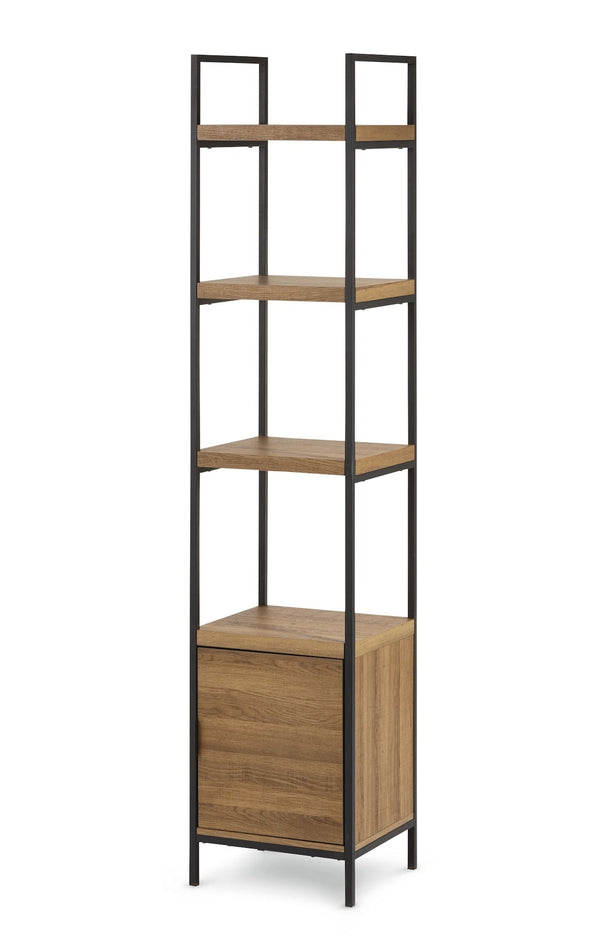 Robson 4-Tier Metal Frame Narrow Bookcase With Storage Door, Oak Finish G0402