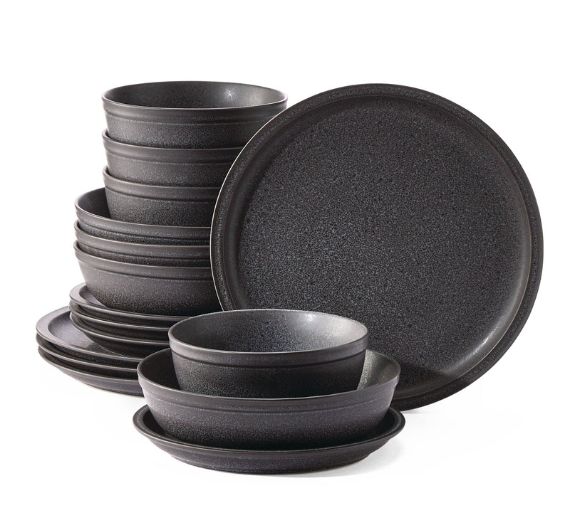 Varennes Stoneware Dinnerware Set, Serves 4, 16-pc, Black Reactive Glaze H9109