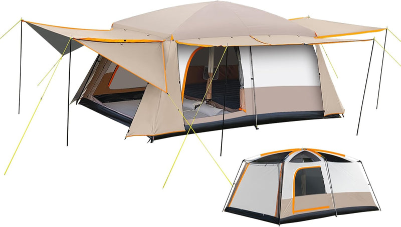 Camping Tent, 4-6 Person Family Cabin Tents, Large Waterpoof Tents for Camping Outdoor, 210D Oxford Fabric Blackout Foldable Sunburn Prevention Tent with 2 Rooms, 3 Foyers for Picnic Khaki K9816