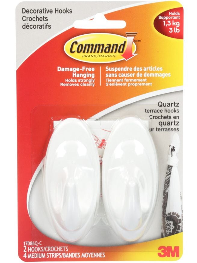 Decorative Quartz Terrace Hooks with Adhesive Strips, White, 3-lbs, 2 Strips per Pack N9799