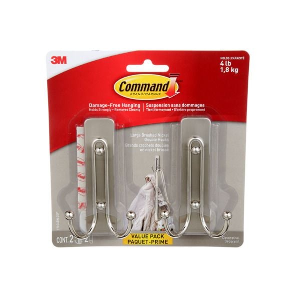 Large Decorative Double Hooks Value Pack with Adhesive Strips, Brushed Nickel, 4-lbs, 2 Strips per Pack S2406